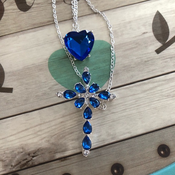 New✨ Blue Crystal Heart & Cross Necklace 💙✨ - Picture 2 of 5